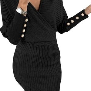 Dear love - V Neck - Batwing -Sweater Dress- Long Sleeve - Black